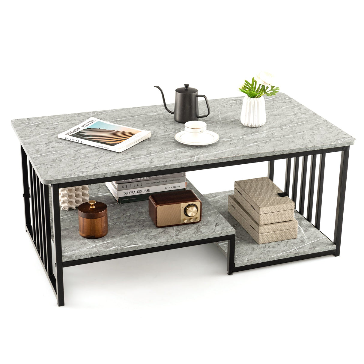 Mesa de centro de imitación mármol con estante de almacenamiento abierto - Gris