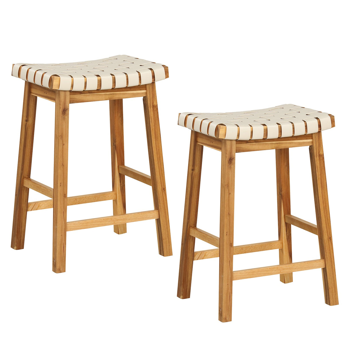 Juego de 2 taburetes de bar de piel sintética con asiento curvo tejido natural