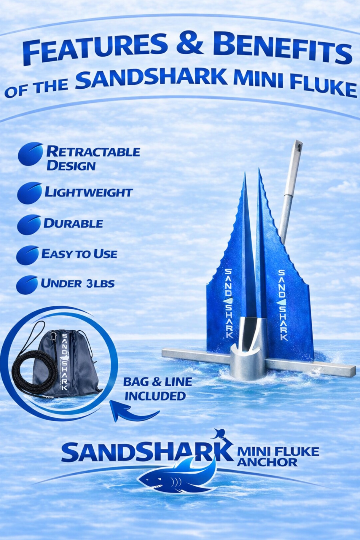 Ancla Fluke Mini – Ancla Compacta y Potente para Motos Acuáticas, Kayaks y Barcos Pequeños (Ancla, Cuerda, Estuche)