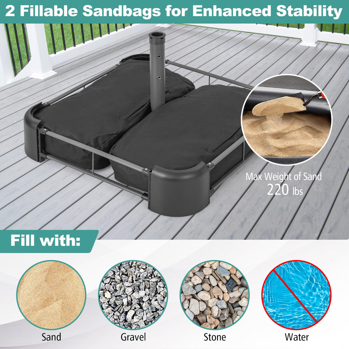 Base rellenable para sombrilla con 2 sacos de arena y cubierta a prueba de polvo