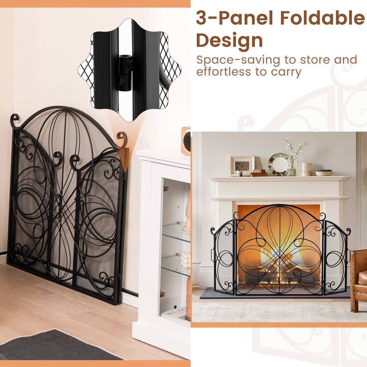 Pantalla de chimenea de 59.5 x 32.5 pulgadas con diseño floral - Negro