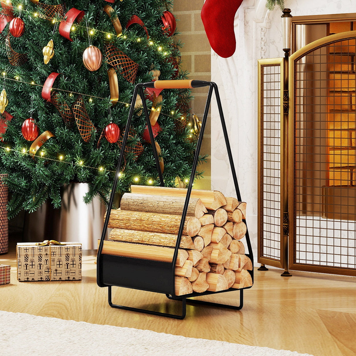 Firewood Storage Rack Heavy-duty Metal Log Holder with Handle and Square Rack