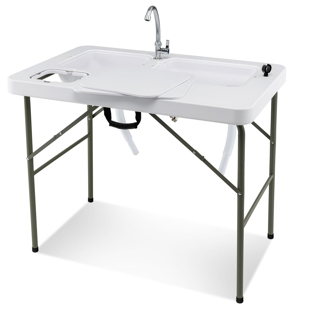 Mesa de limpieza de pescado con 2 fregaderos y grifo giratorio de 360° - Blanca