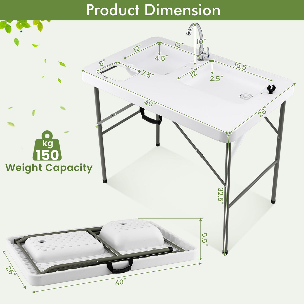 Mesa de limpieza de pescado con 2 fregaderos y grifo giratorio de 360° - Blanca