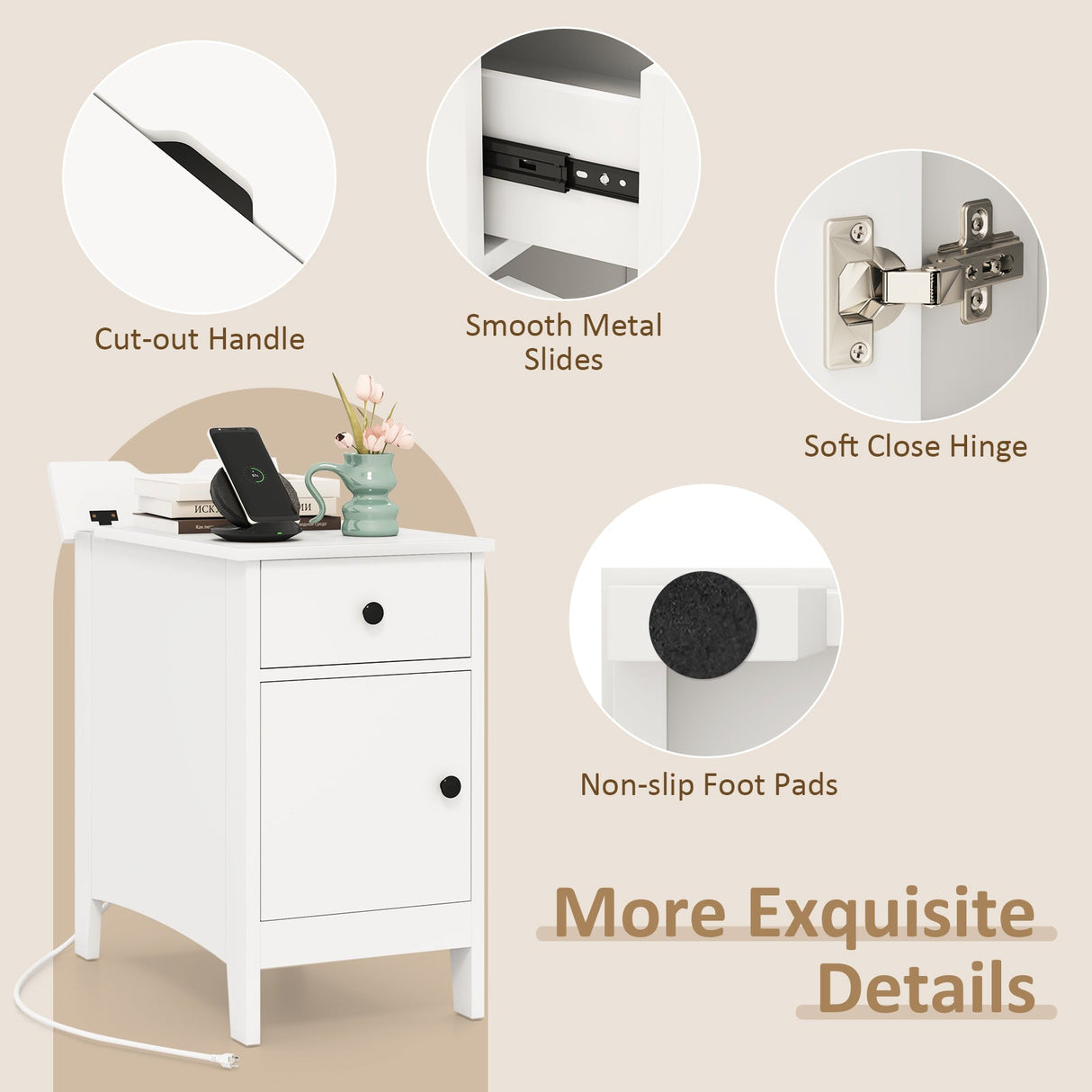 Mesa Auxiliar Elevable con Estación de Carga Puertos USB Enchufes y Cajón