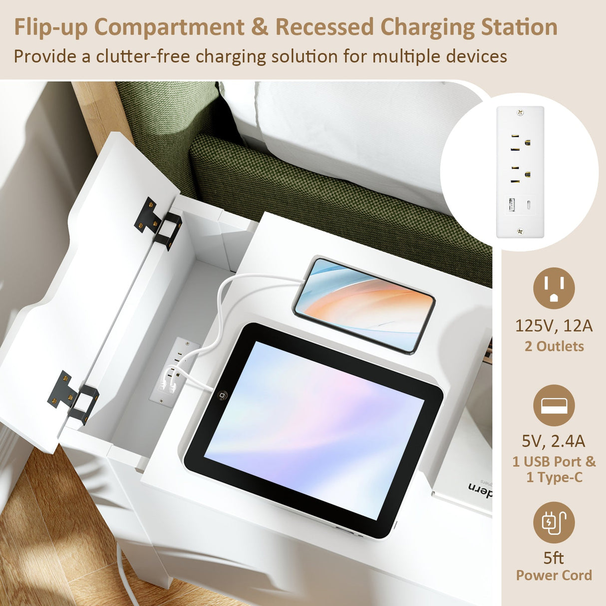 Mesa Auxiliar Elevable con Estación de Carga Puertos USB Enchufes y Cajón