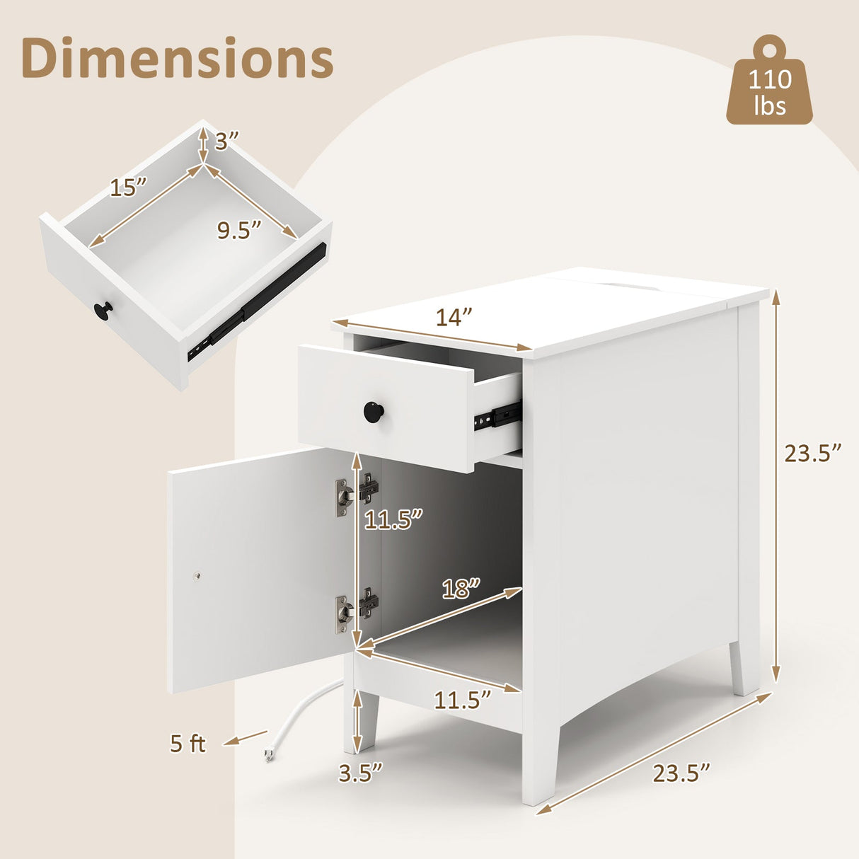 Mesa Auxiliar Elevable con Estación de Carga Puertos USB Enchufes y Cajón
