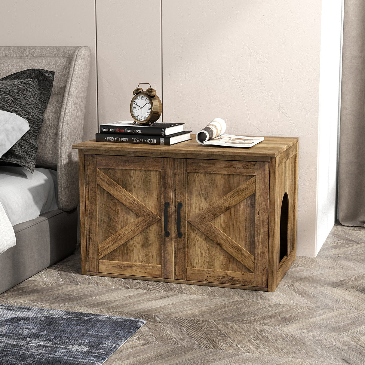 Mueble arenero oculto con tapa abatible, puertas dobles de granero y divisor extraíble