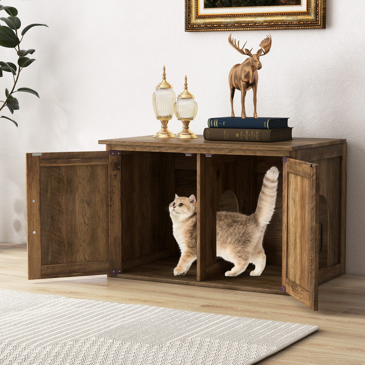 Mueble arenero oculto con tapa abatible, puertas dobles de granero y divisor extraíble