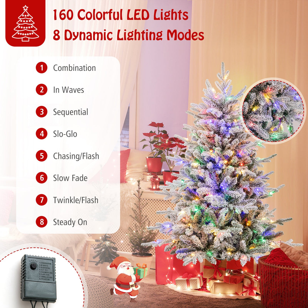 Árbol de Navidad floculante de 7 pies con 8 modos de iluminación y luces LED multicolor