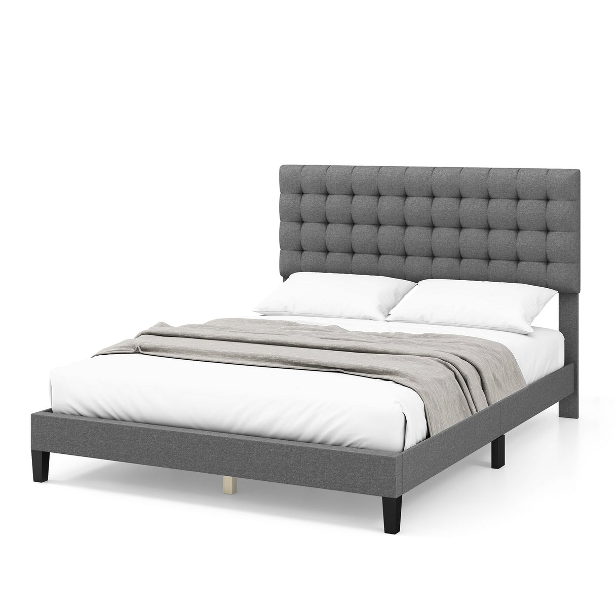 Cama de plataforma tapizada tamaño Queen con cabecero cosido cuadrado