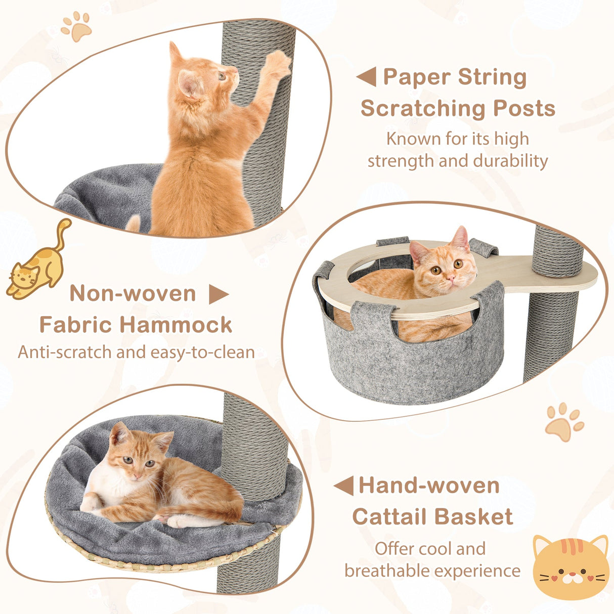 Árbol para gatos de 6 niveles de suelo a techo, altura ajustable de 100-110 pulgadas-Natural