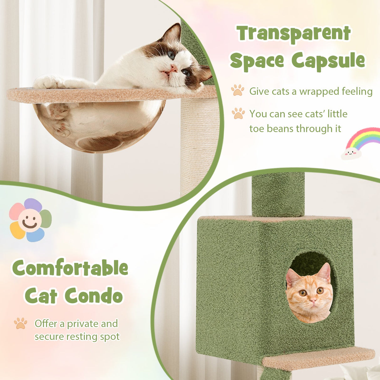 Árbol para gatos de suelo a techo con altura ajustable de 86 a 99.5 pulgadas y poste extra - Verde