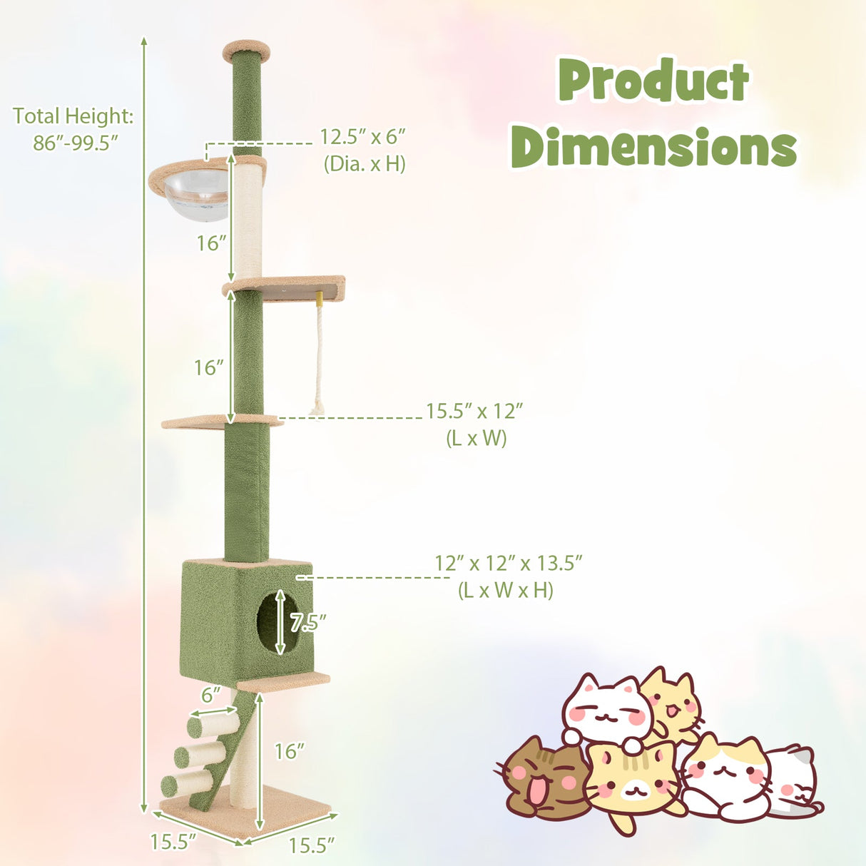 Árbol para gatos de suelo a techo con altura ajustable de 86 a 99.5 pulgadas y poste extra - Verde