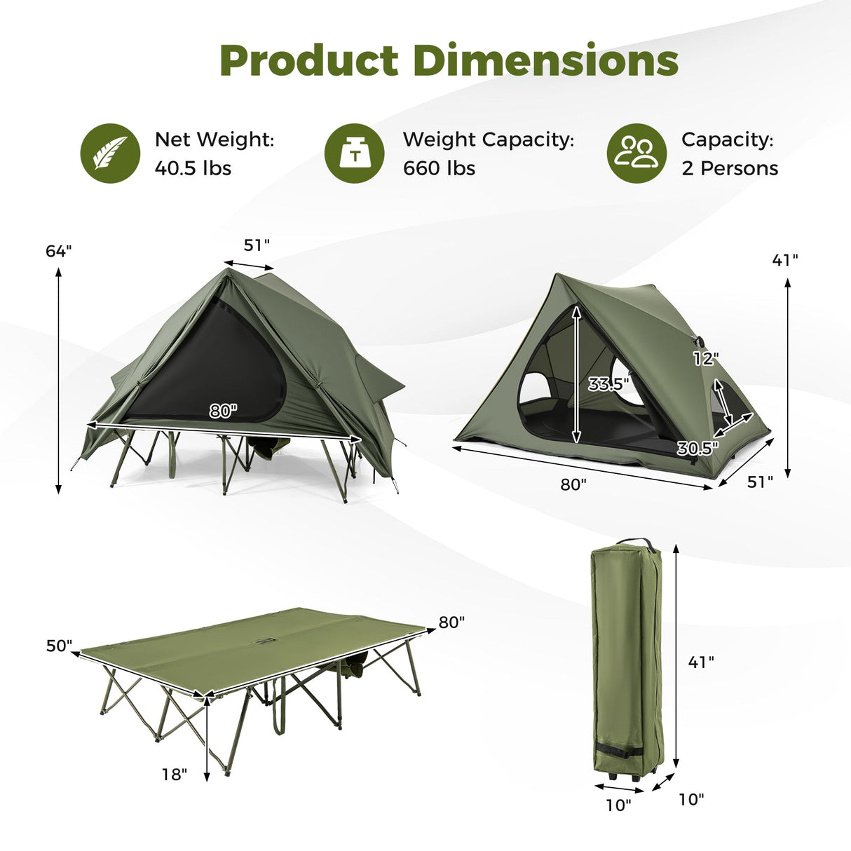 Tienda de campaña plegable para 2 personas con carpa emergente y bolsa portátil con ruedas - Verde