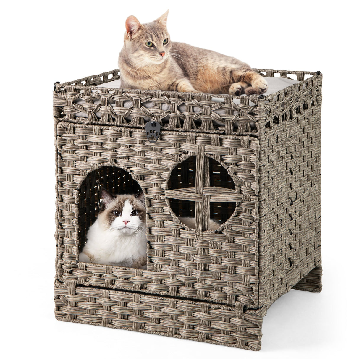 Arenero de ratán plegable de 2 niveles con alfombrilla para gatos - Gris