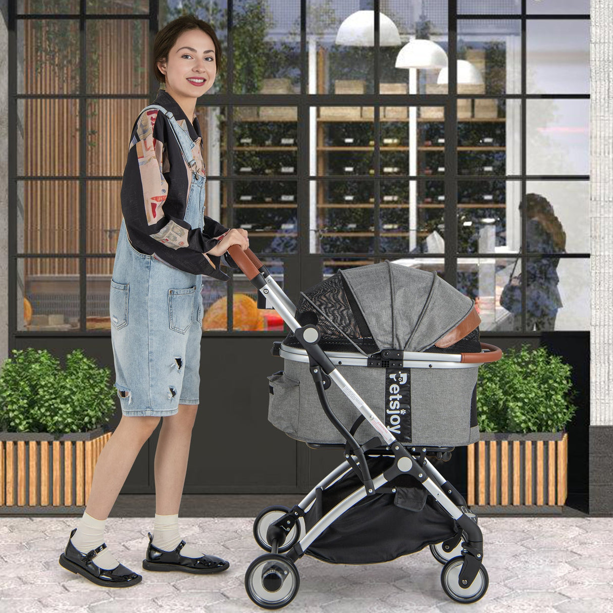 Cochecito plegable para perros y gatos con cubierta impermeable extraíble - Gris oscuro