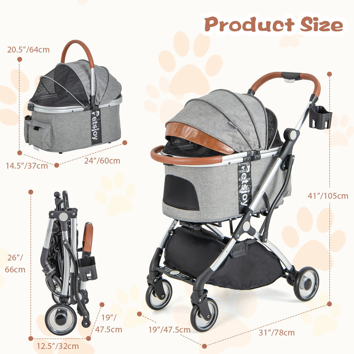 Cochecito plegable para perros y gatos con cubierta impermeable extraíble - Gris oscuro