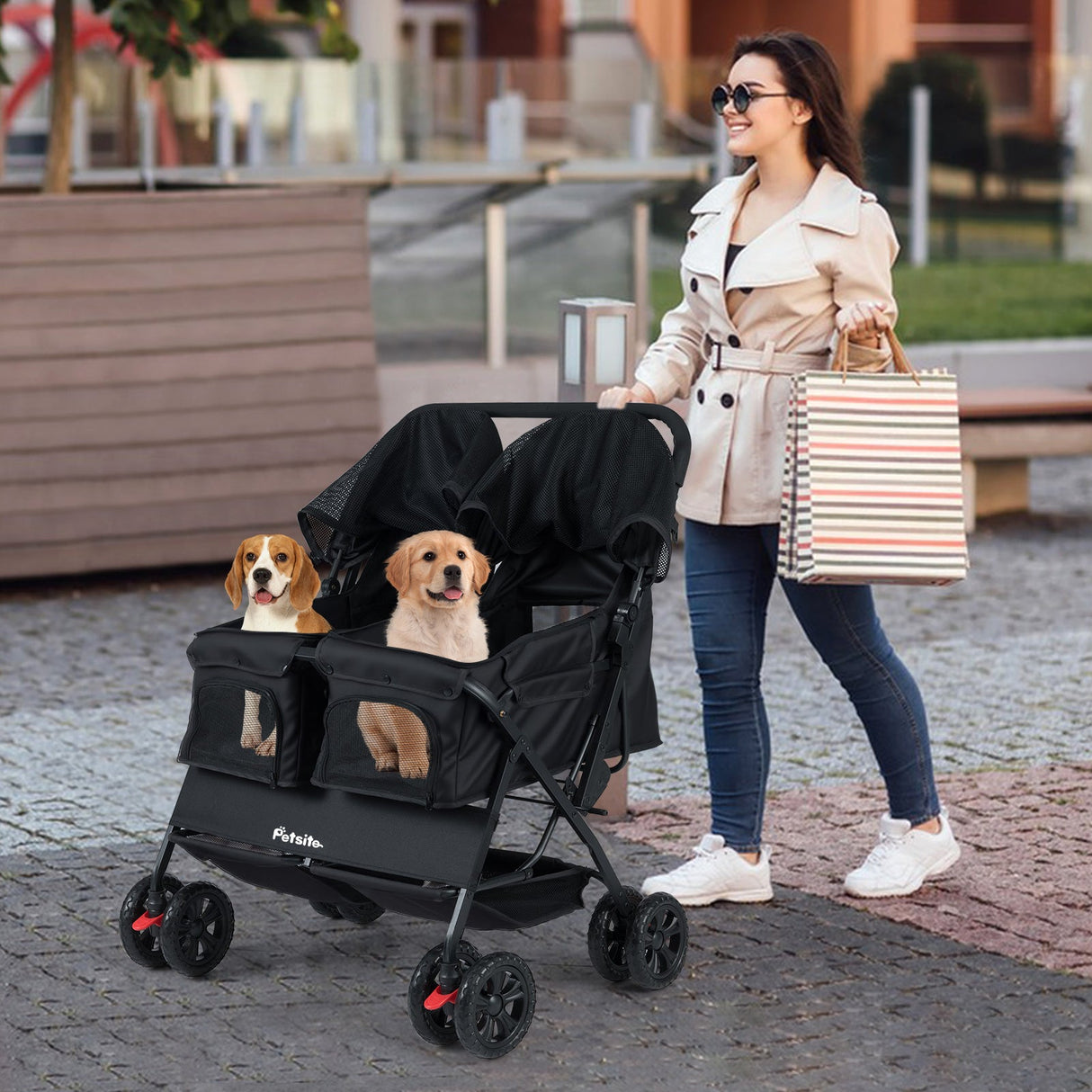 Cochecito doble plegable para mascotas con parasol ajustable y cesta de almacenamiento