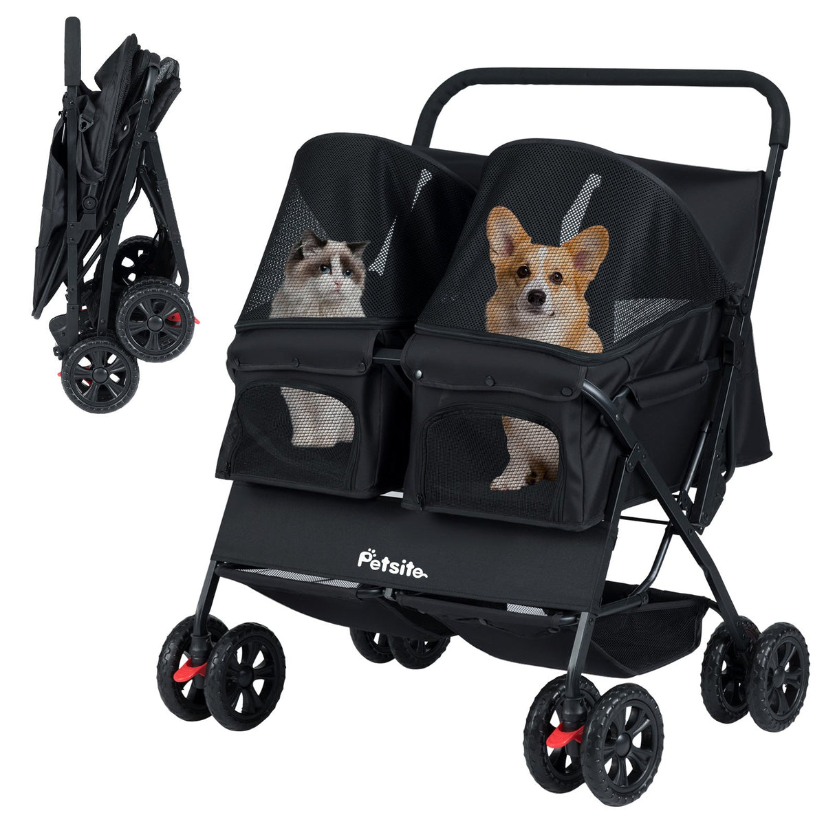 Cochecito doble plegable para mascotas con parasol ajustable y cesta de almacenamiento
