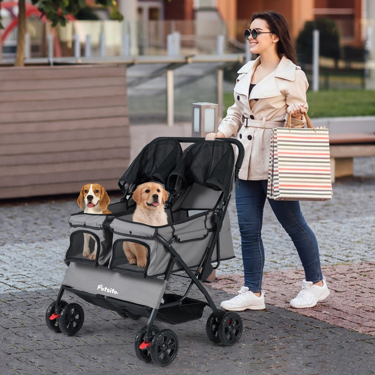 Cochecito doble plegable para mascotas con parasol ajustable y cesta de almacenamiento