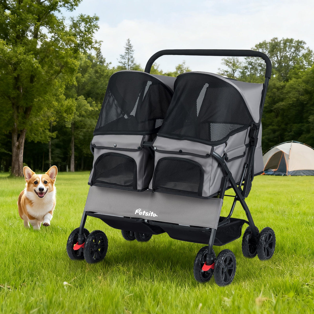 Cochecito doble plegable para mascotas con parasol ajustable y cesta de almacenamiento