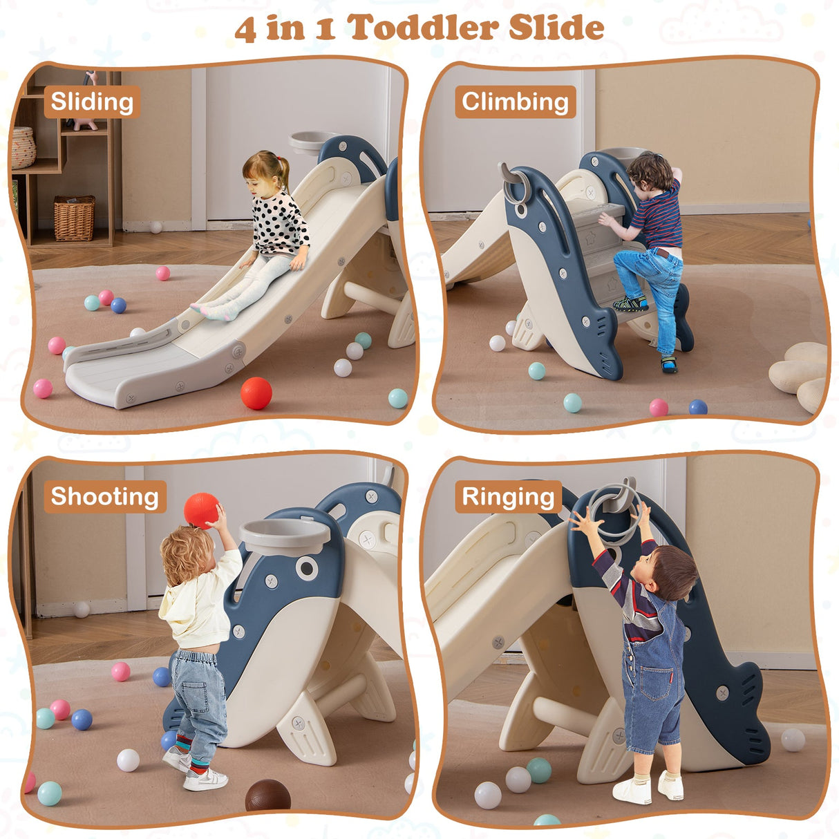 Tobogán plegable y trepador para bebés con canasta de baloncesto para niños - Azul