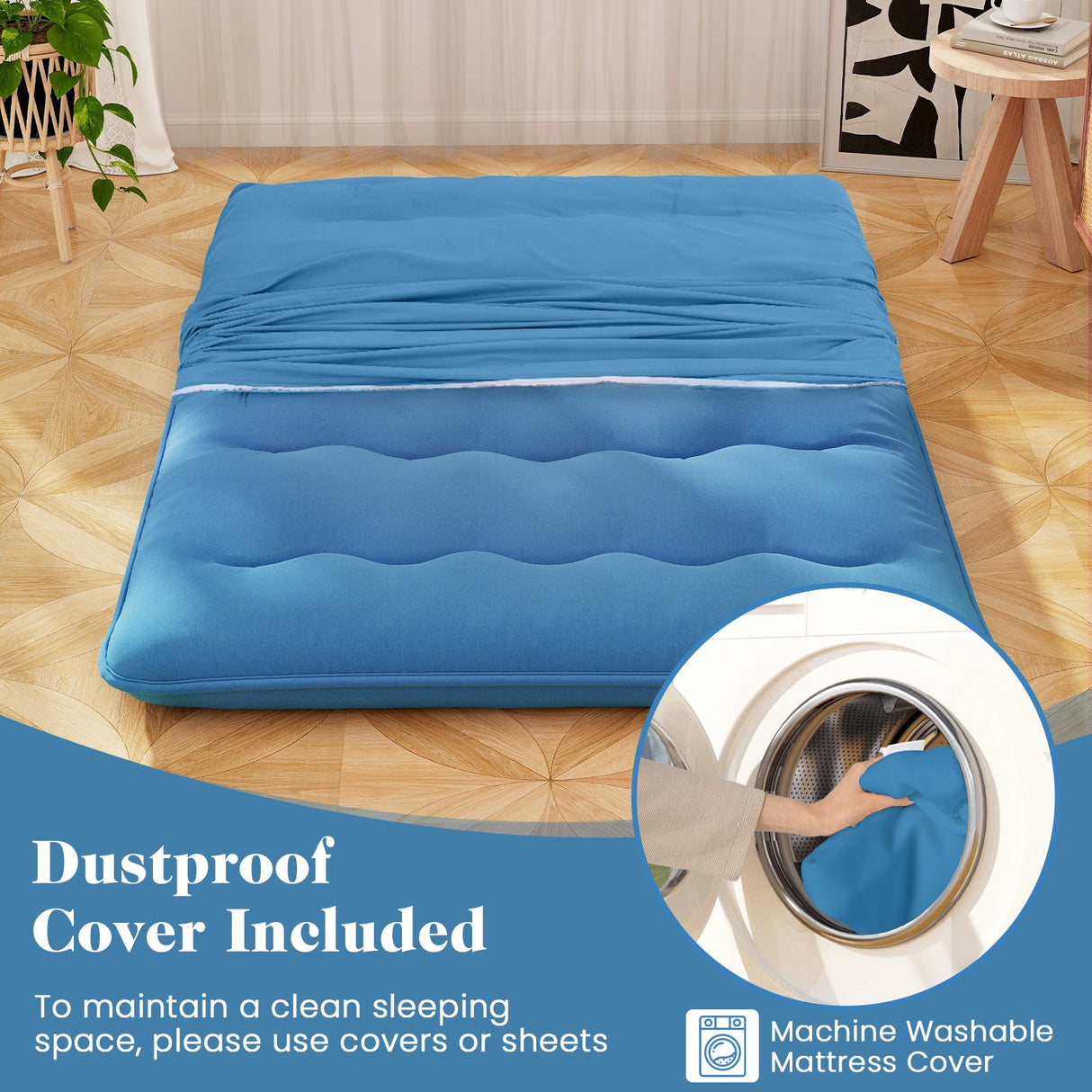 Colchón futón plegable con funda lavable y bolsa de transporte para camping, azul