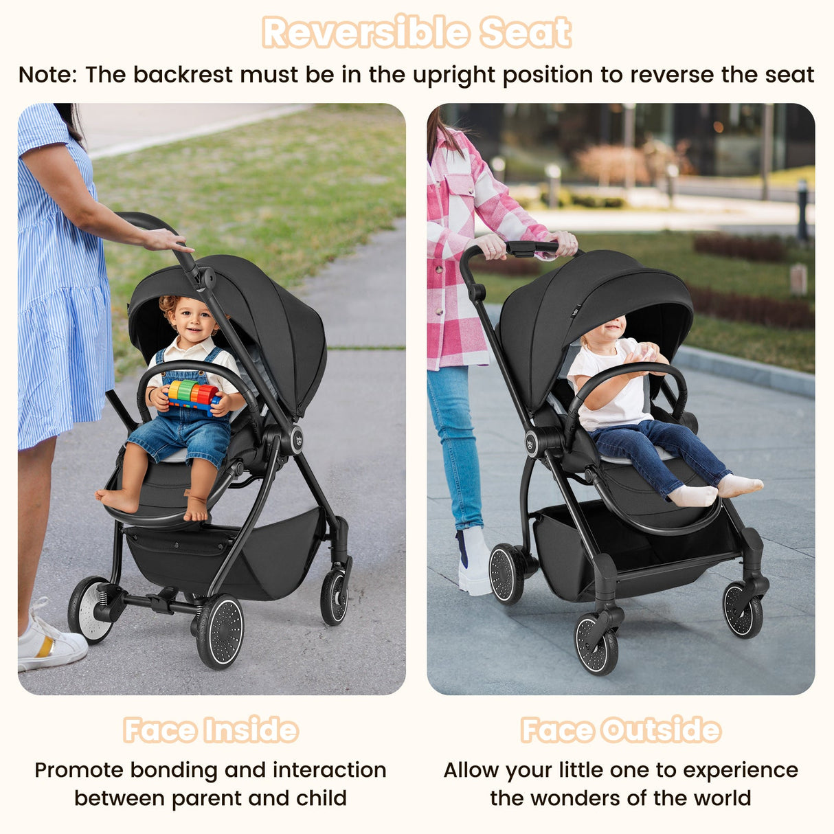 Cochecito de bebé plegable con asiento reversible y respaldo reclinable