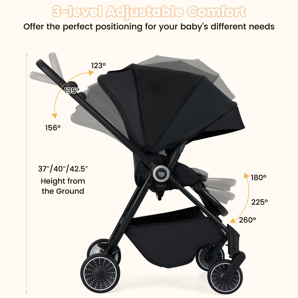Cochecito de bebé plegable con asiento reversible y respaldo reclinable