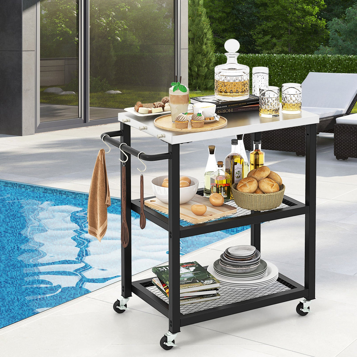 Carrito de mesa plegable de 3 niveles de acero inoxidable para preparación de alimentos al aire libre con ruedas - Negro