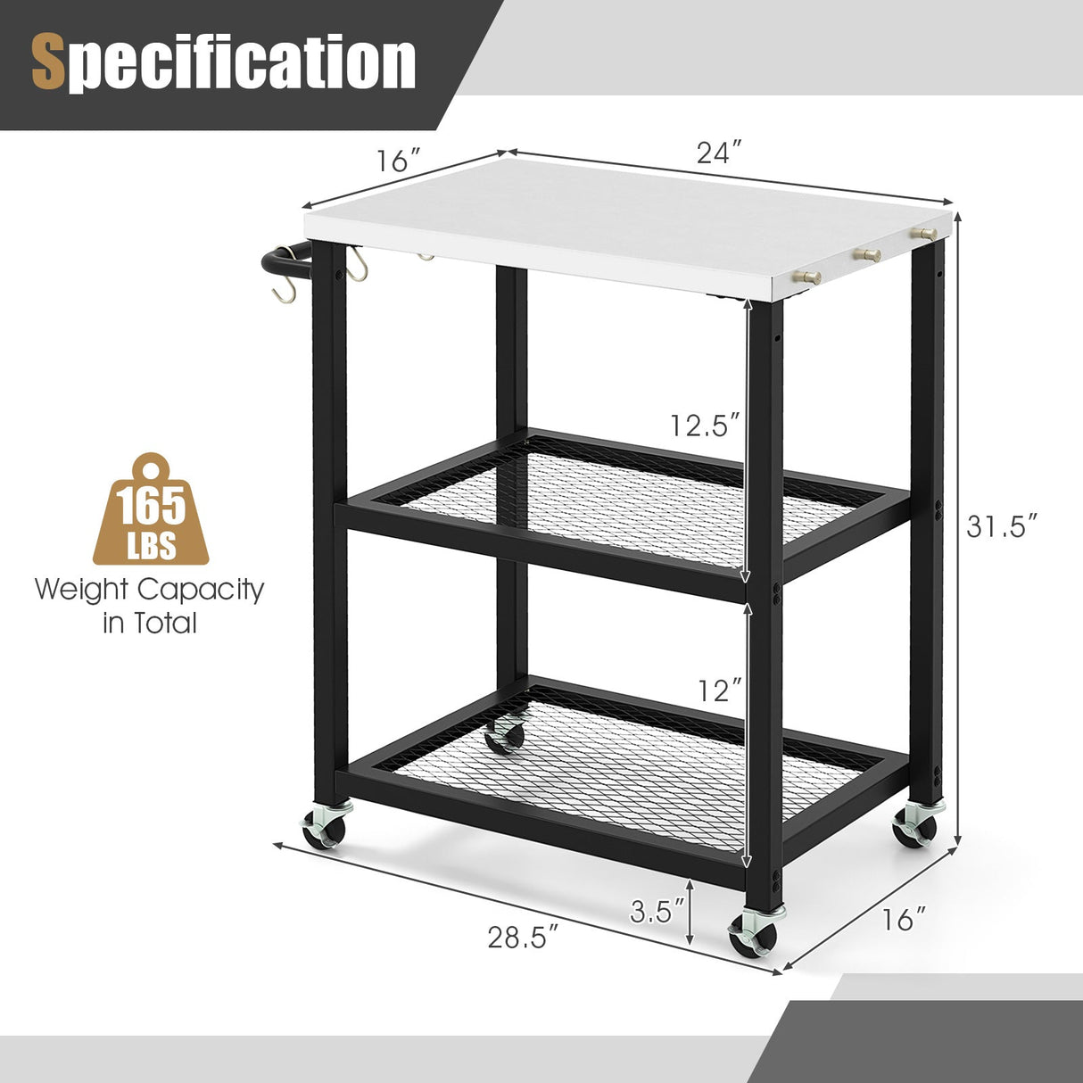 Carrito de mesa plegable de 3 niveles de acero inoxidable para preparación de alimentos al aire libre con ruedas - Negro