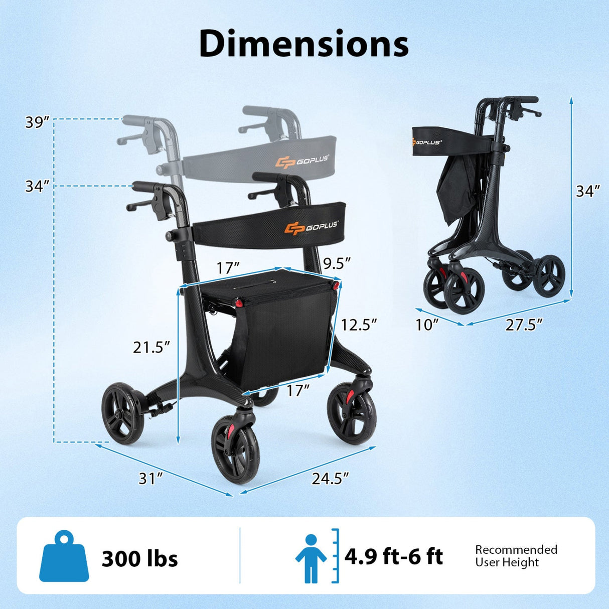 Andador enrollable plegable con asiento para personas mayores-Negro