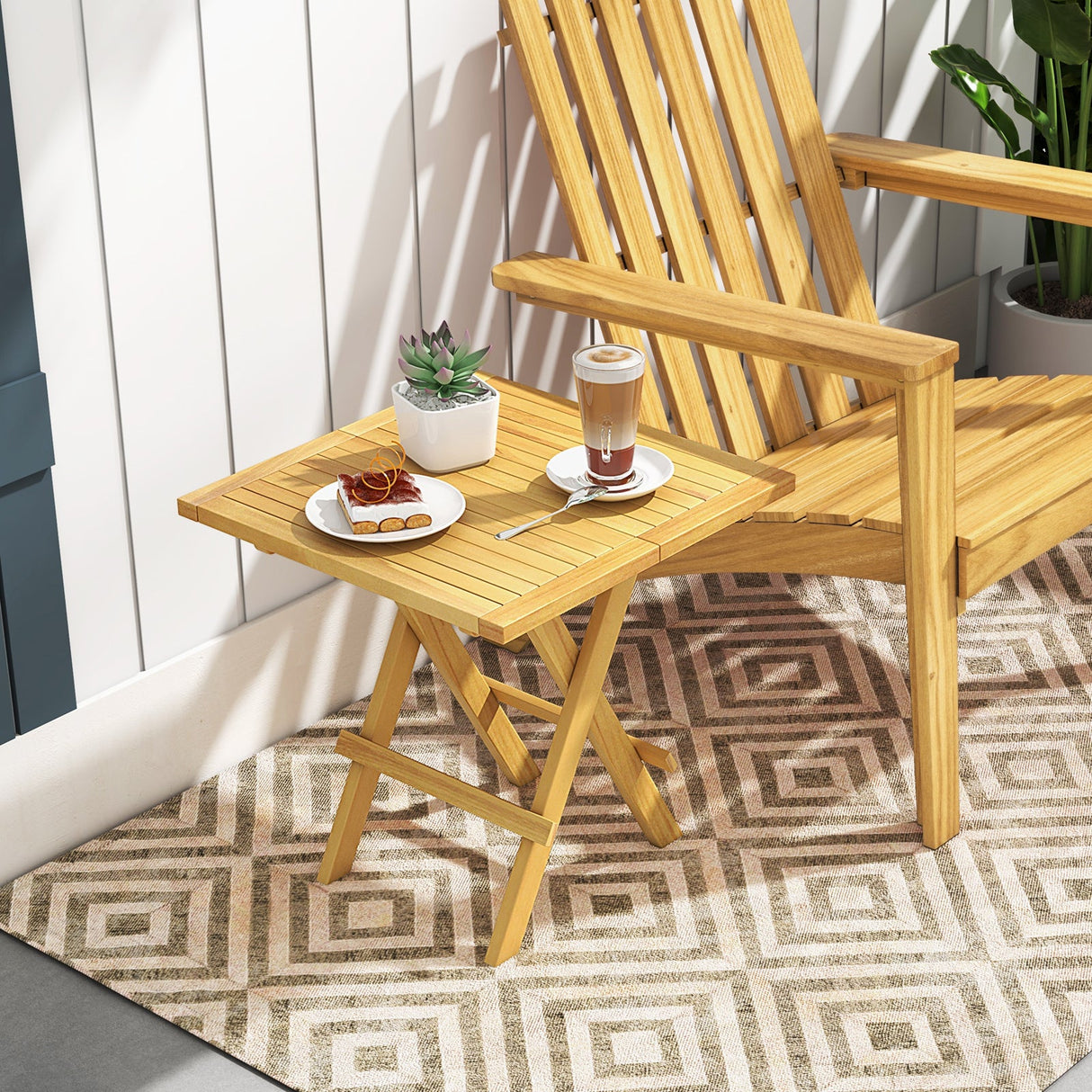 Mesa auxiliar plegable para patio con patas en forma de X y tablero de listones