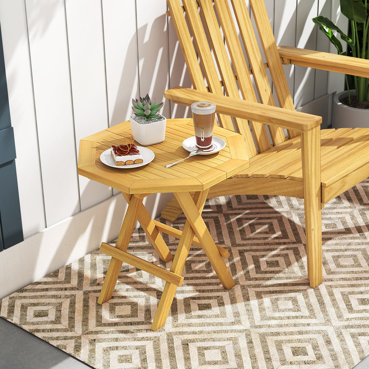 Mesa de centro octogonal de madera de teca con patas en forma de X y tablero de listones