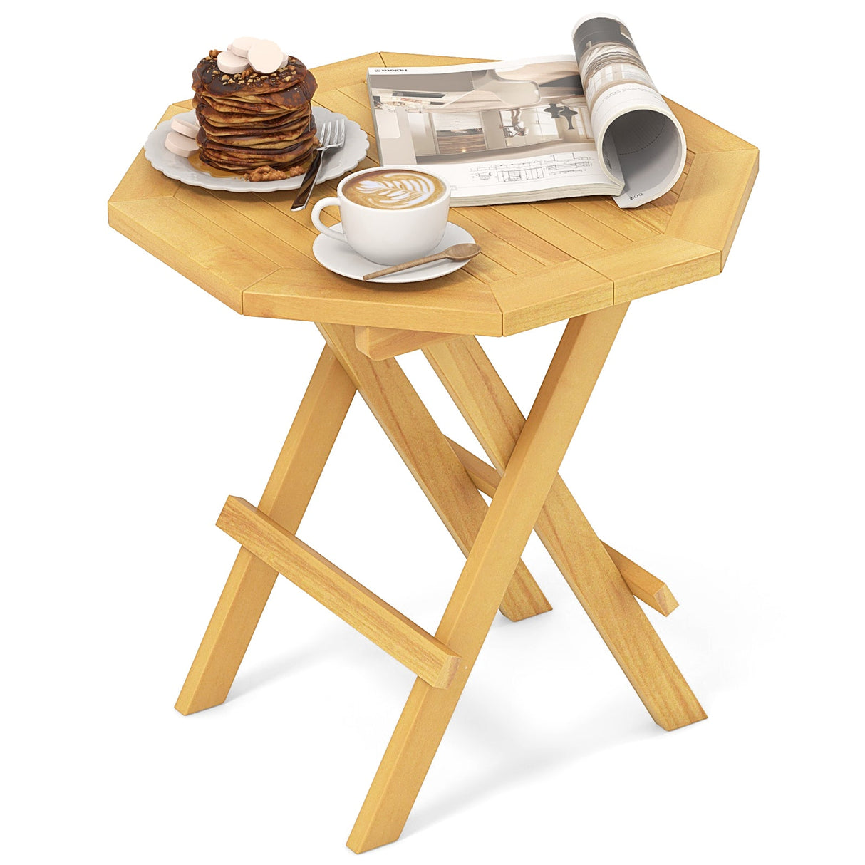 Mesa de centro octogonal de madera de teca con patas en forma de X y tablero de listones