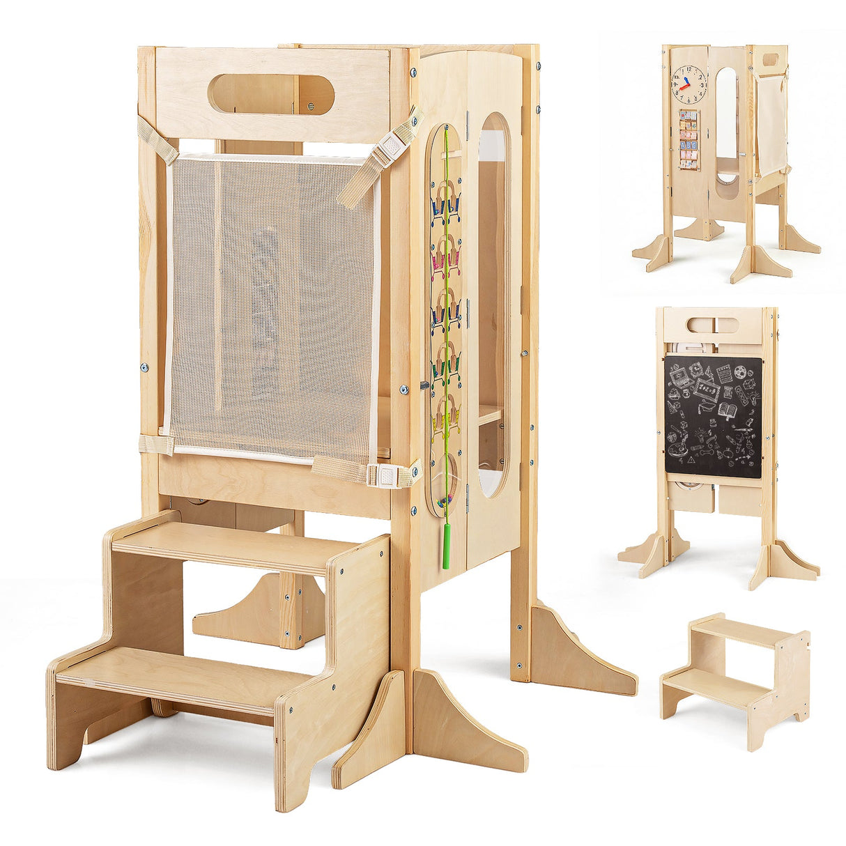 Torre Plegable para Niños Pequeños con Taburete de 2 Escalones y Red de Seguridad para Mayores de 3 Años
