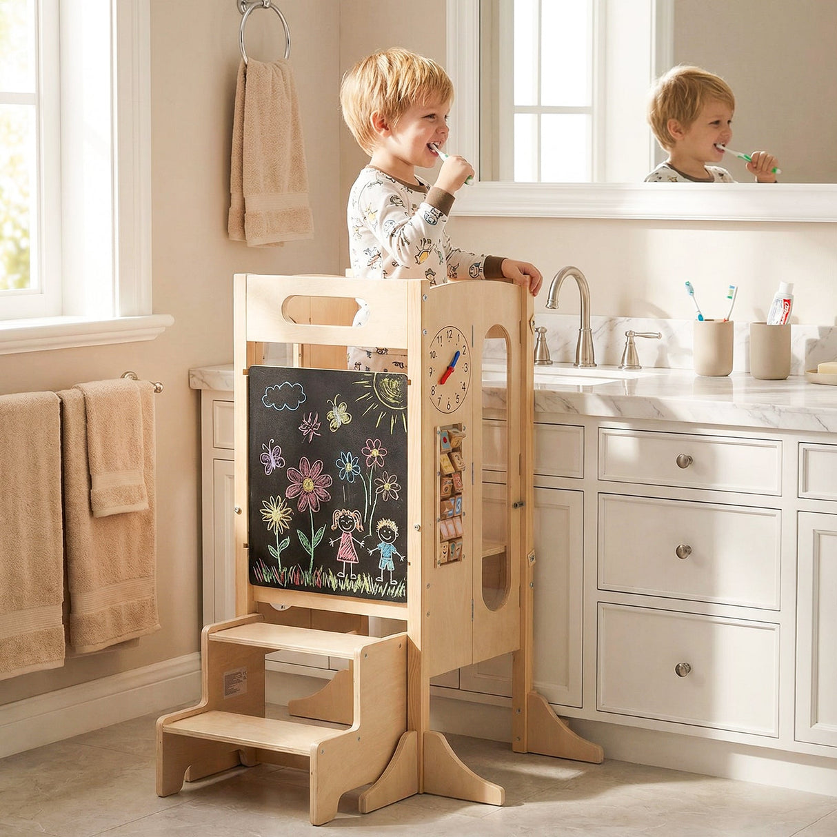 Torre Plegable para Niños Pequeños con Taburete de 2 Escalones y Red de Seguridad para Mayores de 3 Años