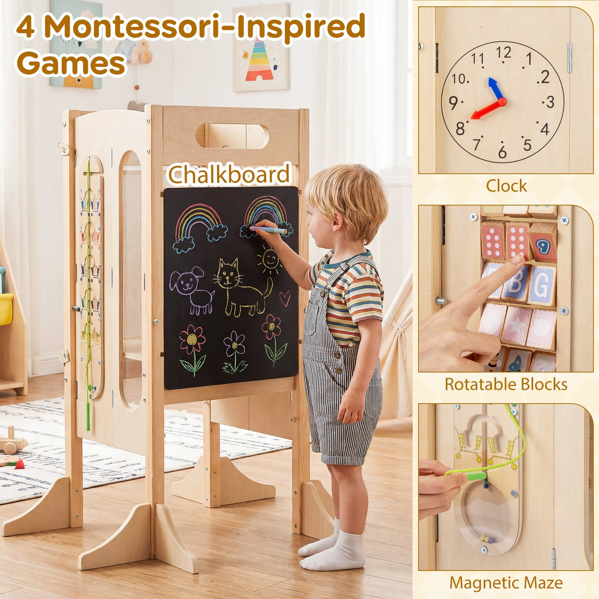 Torre Plegable para Niños Pequeños con Taburete de 2 Escalones y Red de Seguridad para Mayores de 3 Años