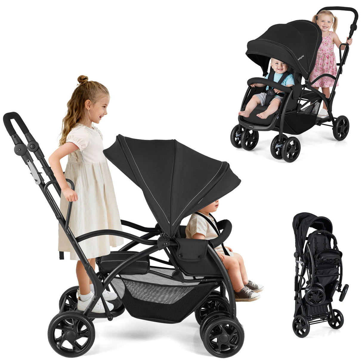 Cochecito doble tándem plegable para dos niños con asiento y plataforma, manillar ajustable - Negro
