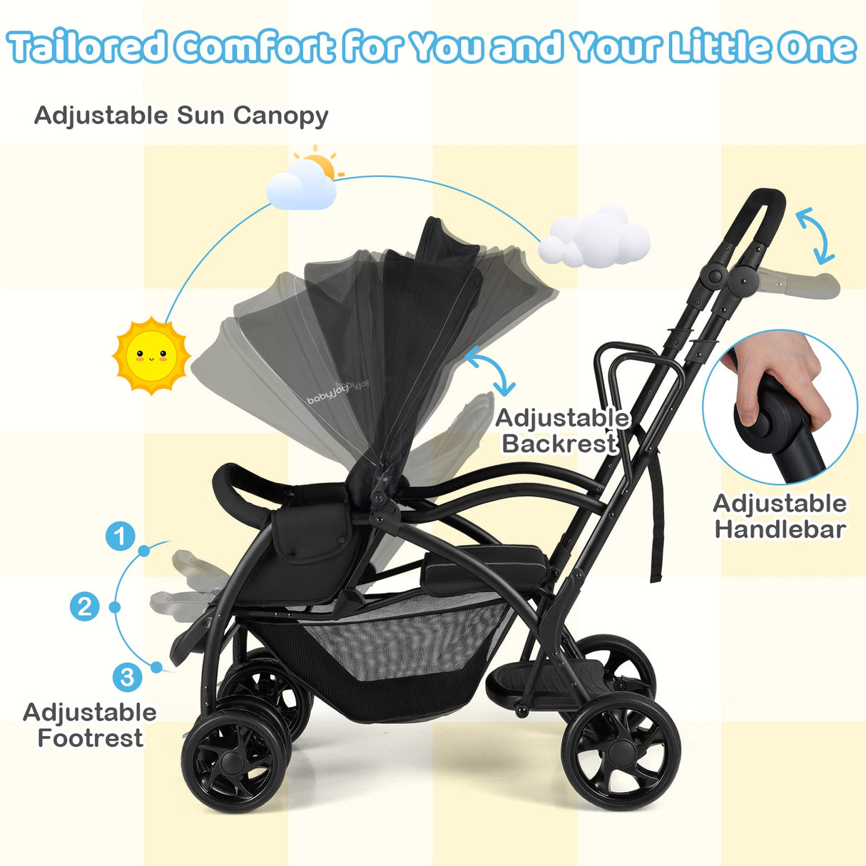 Cochecito doble tándem plegable para dos niños con asiento y plataforma, manillar ajustable - Negro