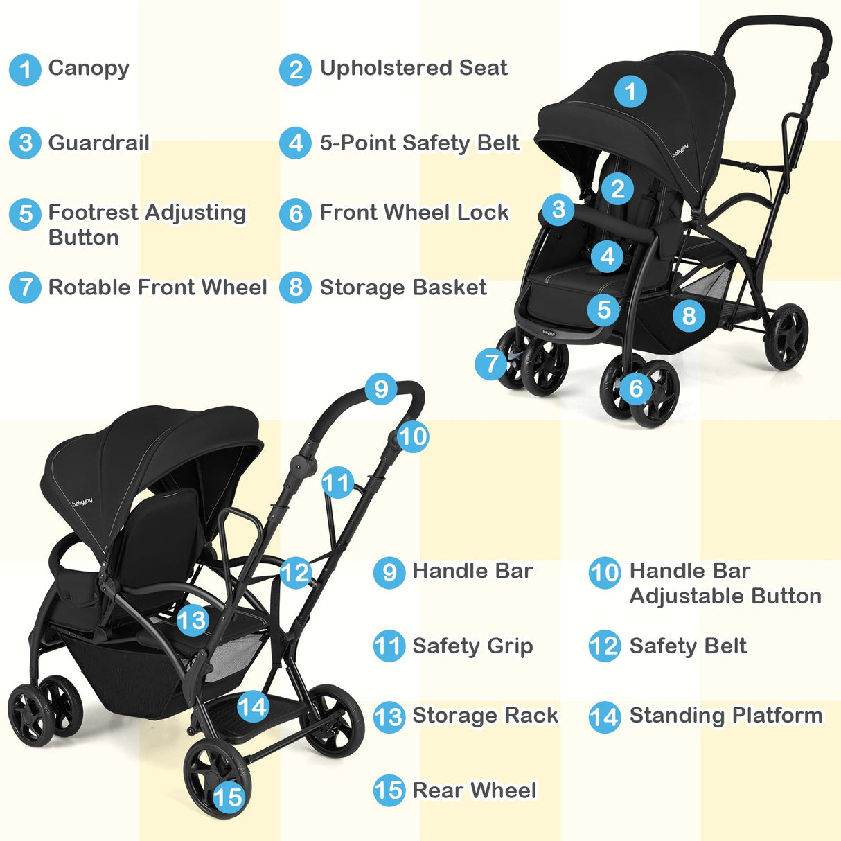 Cochecito doble tándem plegable para dos niños con asiento y plataforma, manillar ajustable - Negro