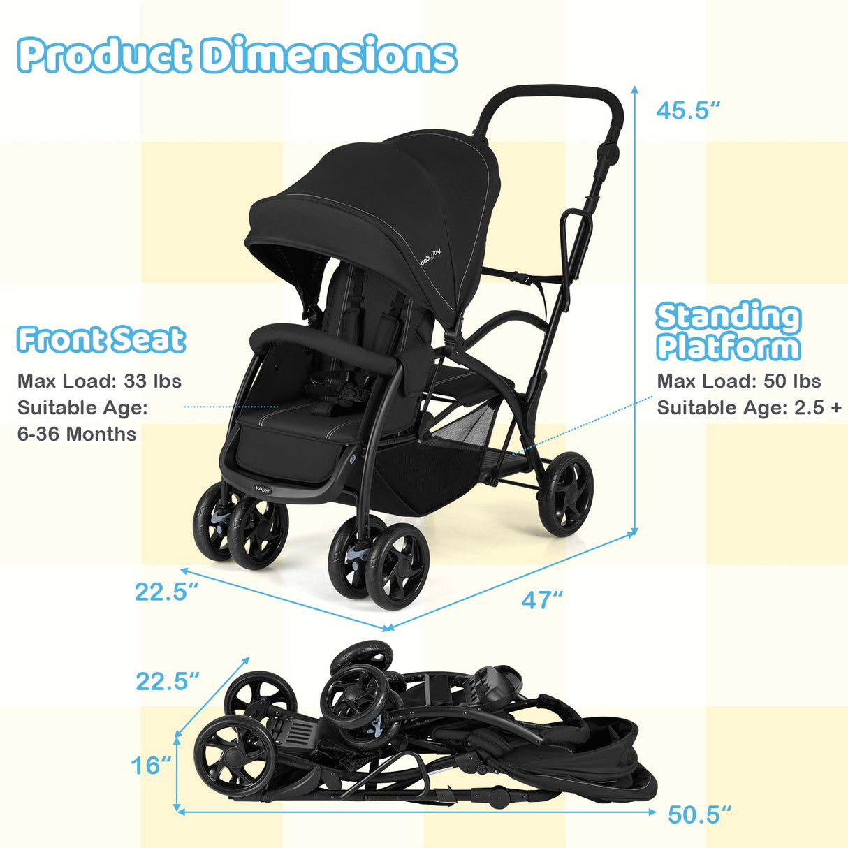 Cochecito doble tándem plegable para dos niños con asiento y plataforma, manillar ajustable - Negro