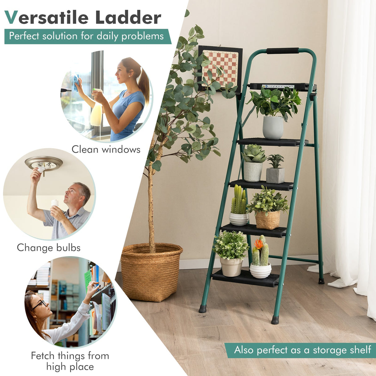 Escalera plegable de 4 peldaños con bandeja de herramientas, pedales y almohadillas antideslizantes para los pies