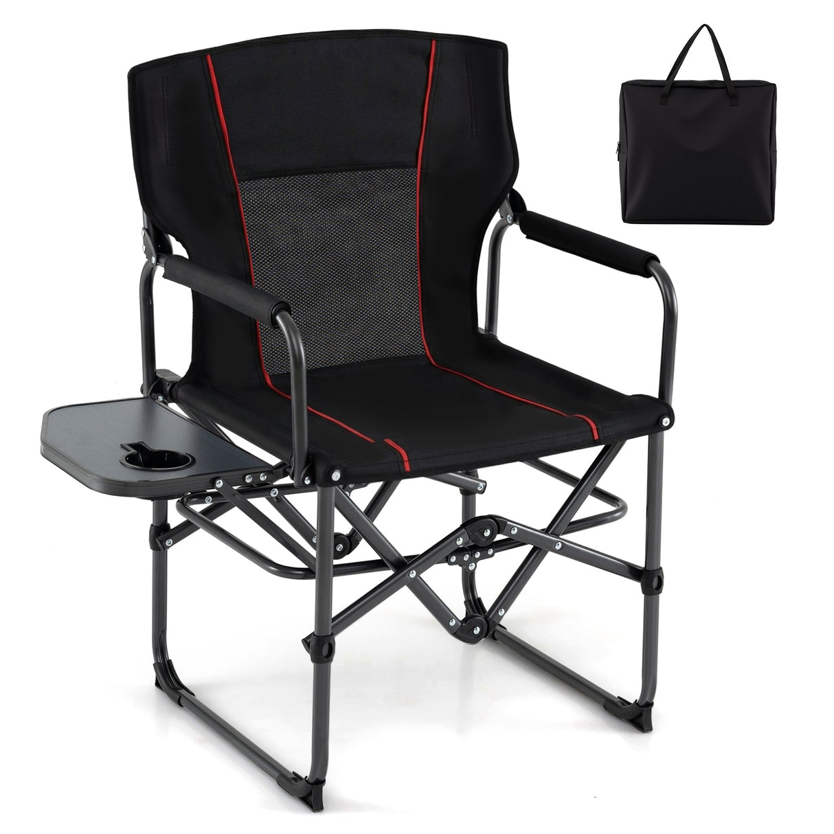 Silla plegable de camping con mesa lateral y portavasos con bolsa de transporte