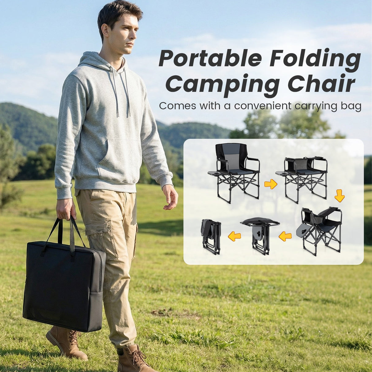Silla plegable de camping con mesa lateral y portavasos con bolsa de transporte