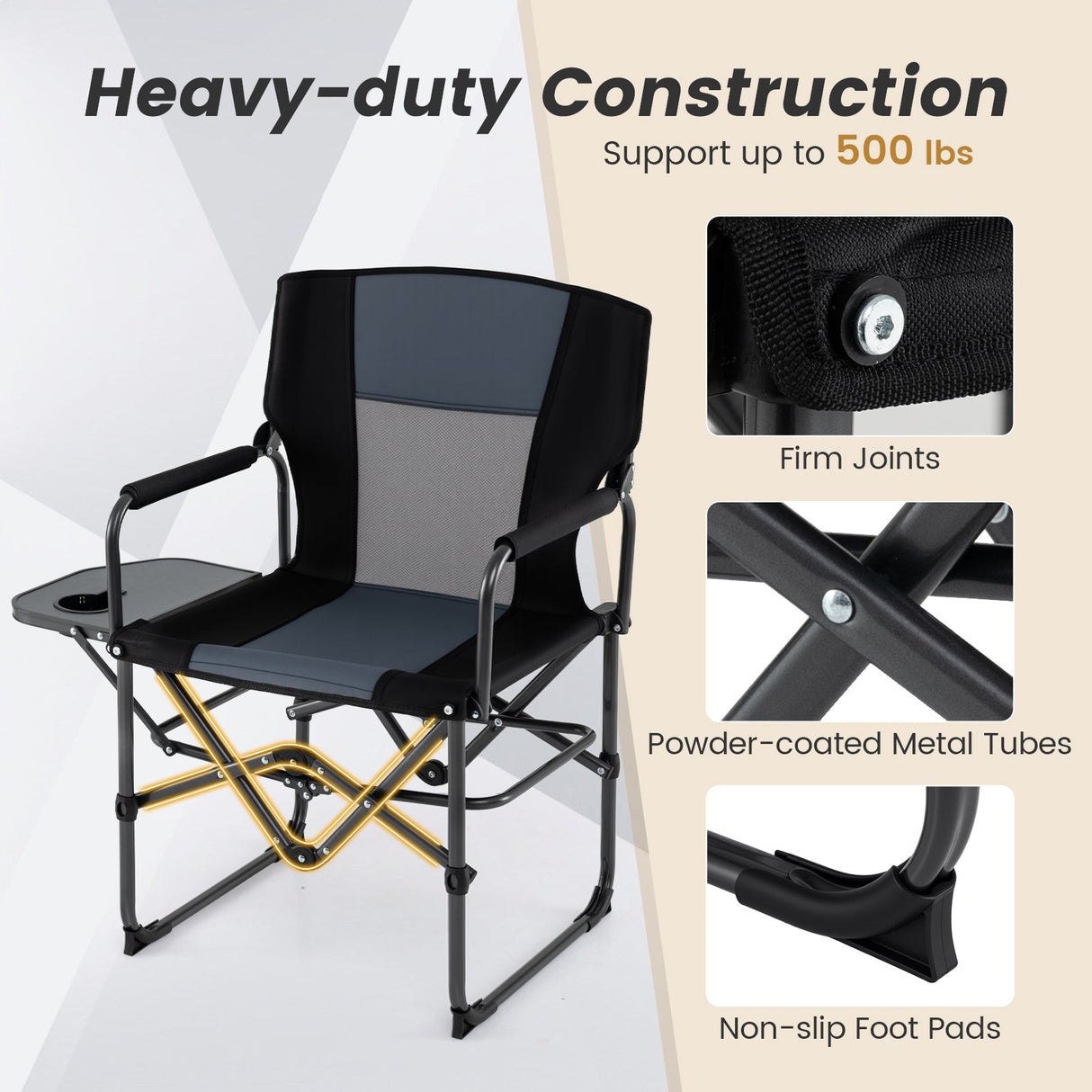Silla plegable de camping con mesa lateral y portavasos con bolsa de transporte