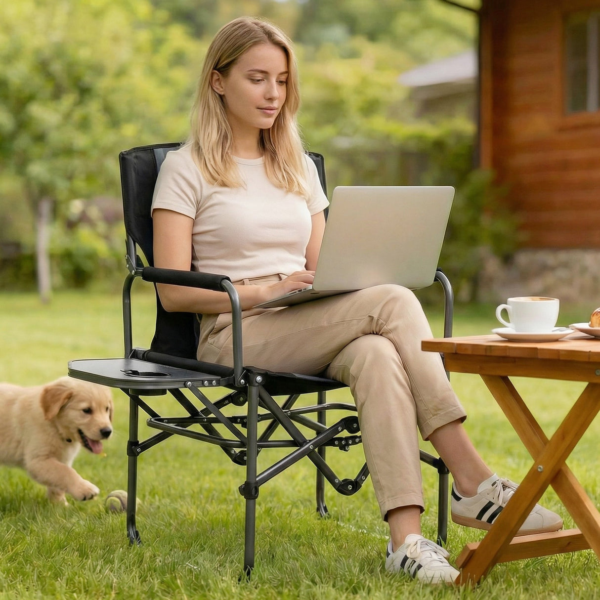 Silla plegable de camping con mesa lateral y portavasos con bolsa de transporte