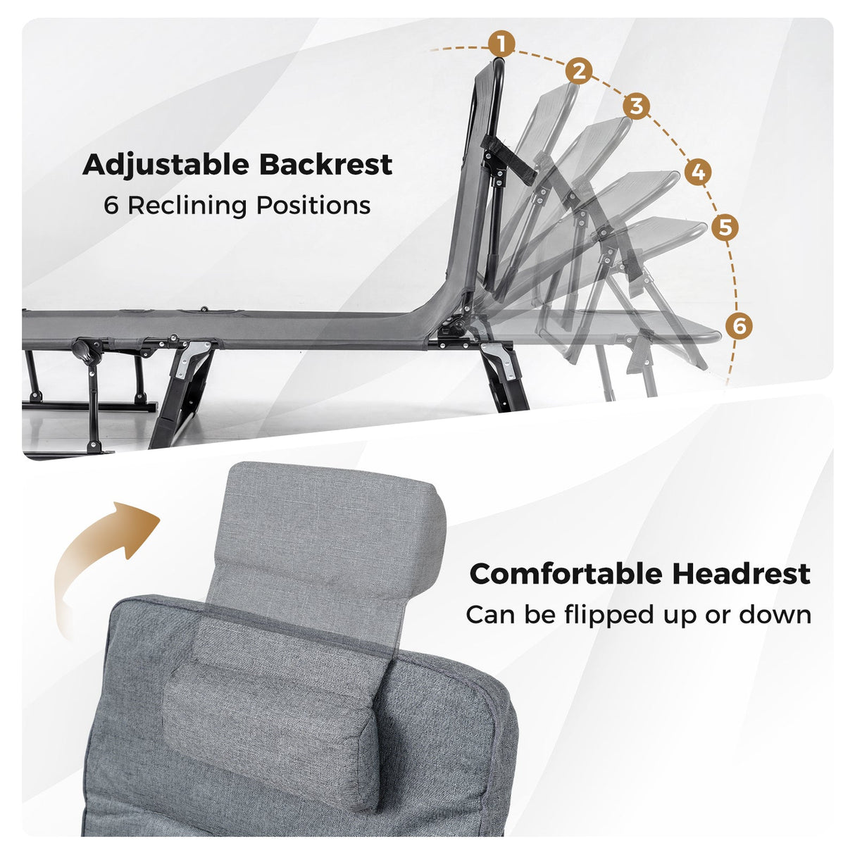 Catres plegables para camping con colchón, sofá cama individual convertible 3 en 1, tumbona reclinable - Gris