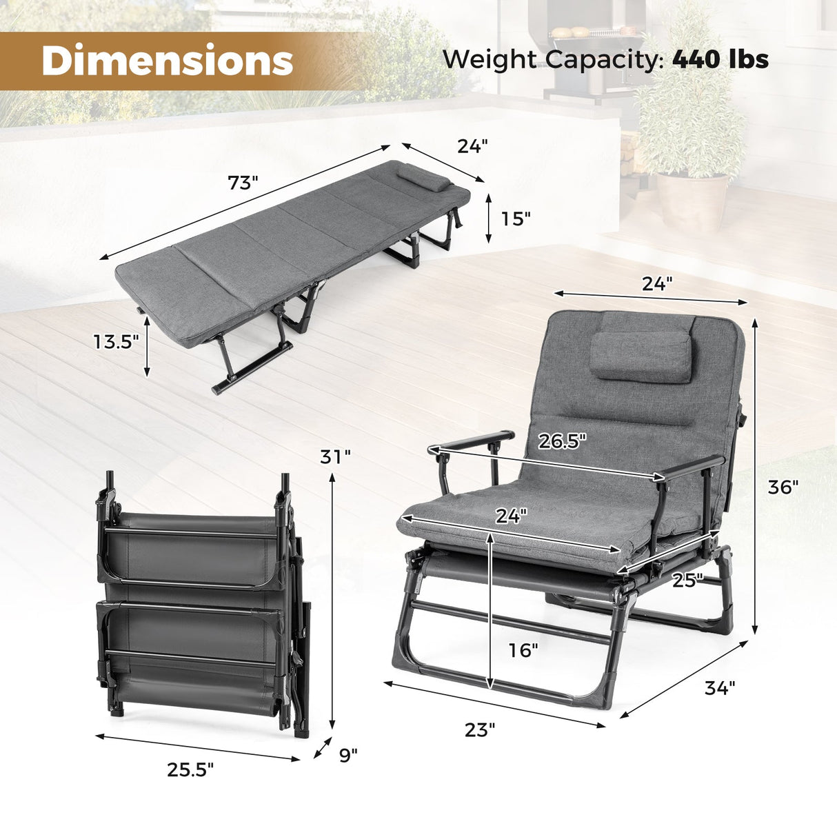 Catres plegables para camping con colchón, sofá cama individual convertible 3 en 1, tumbona reclinable - Gris